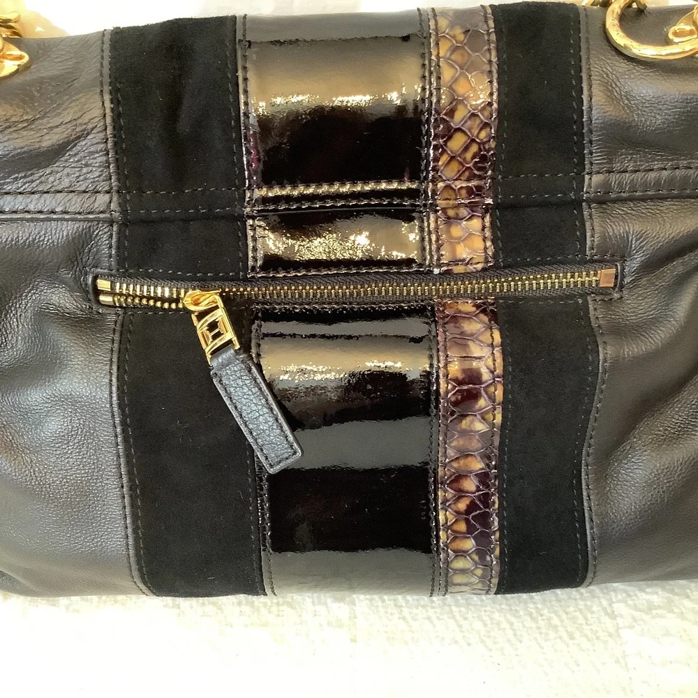 EUC Halston Heritage Black Leather suede shoulder  crossbody gold chain - Picture 9 of 17